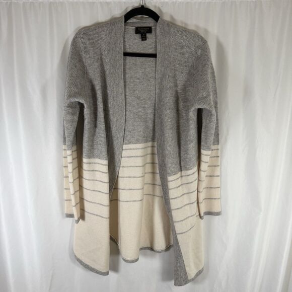 Cashmere Charter Club Cardigan Women's Medium Grey White Open Front Luxury - Picture 1 of 11